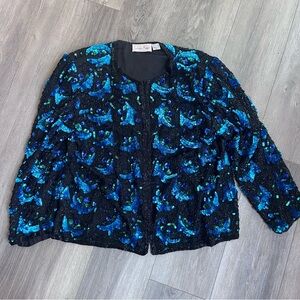 Vintage Laurence Kazar Black and Blue Sequin Beaded Blazer Jacket XL